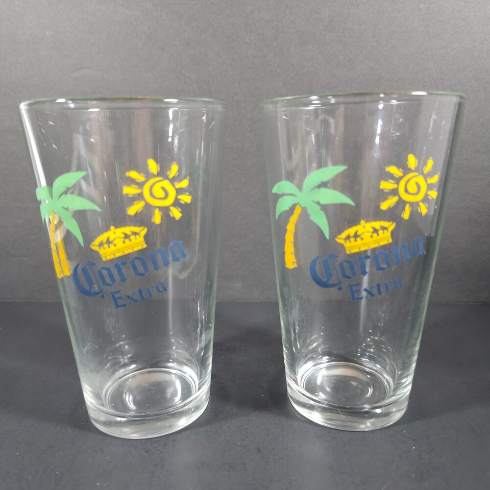 Set of 2 Corona Pint Glasses, Sun Palm Tree Man Cave, 5.75" Tall 16 oz